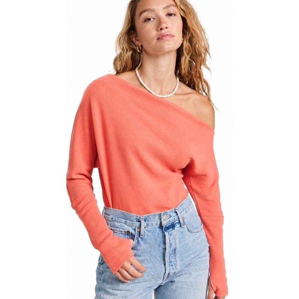 NWT FREE PEOPLE Fuji Thermal Henley Asymmetric Waffle Knit Top ROSe Pink L